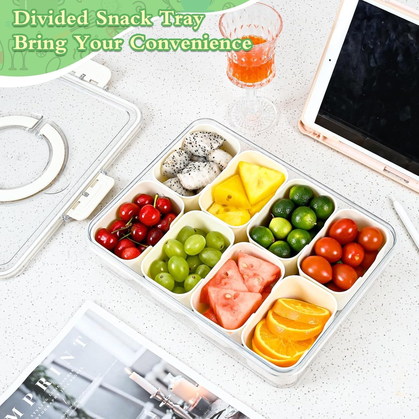 Divided Fridge Storage Boxes With 8 Serving Veggie Tray with Lid and Handle, Fridge Organizer with Removable 8 Compartment, Fridge Storage Containers (8 Compartment-1PC)