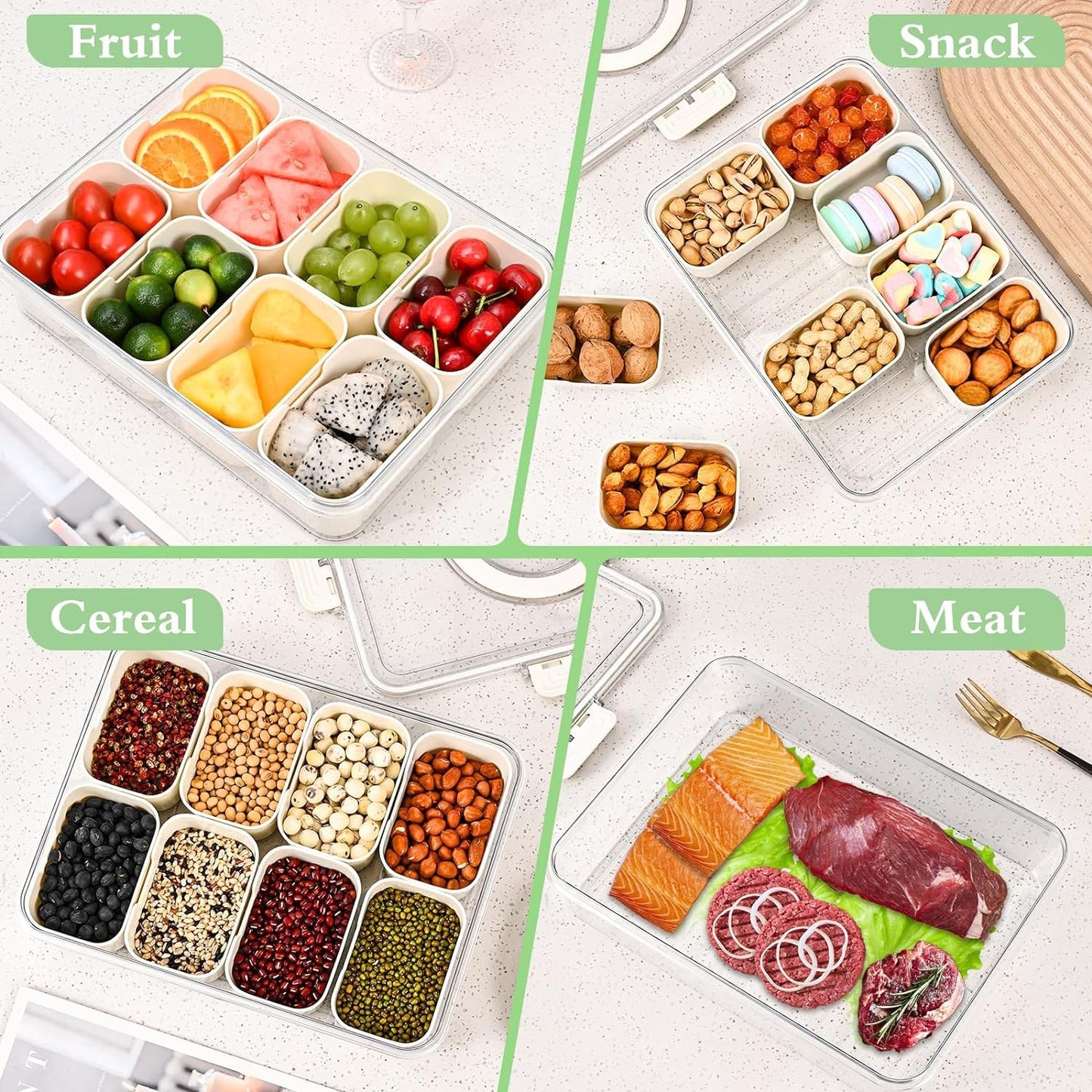 Divided Fridge Storage Boxes With 8 Serving Veggie Tray with Lid and Handle, Fridge Organizer with Removable 8 Compartment, Fridge Storage Containers (8 Compartment-1PC)