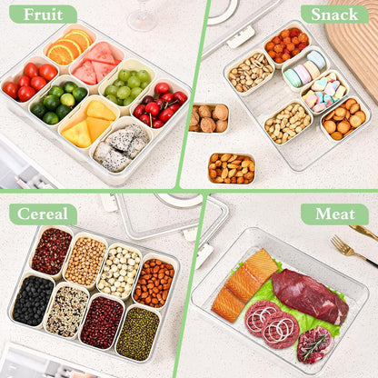 Divided Fridge Storage Boxes With 8 Serving Veggie Tray with Lid and Handle, Fridge Organizer with Removable 8 Compartment, Fridge Storage Containers (8 Compartment-1PC)
